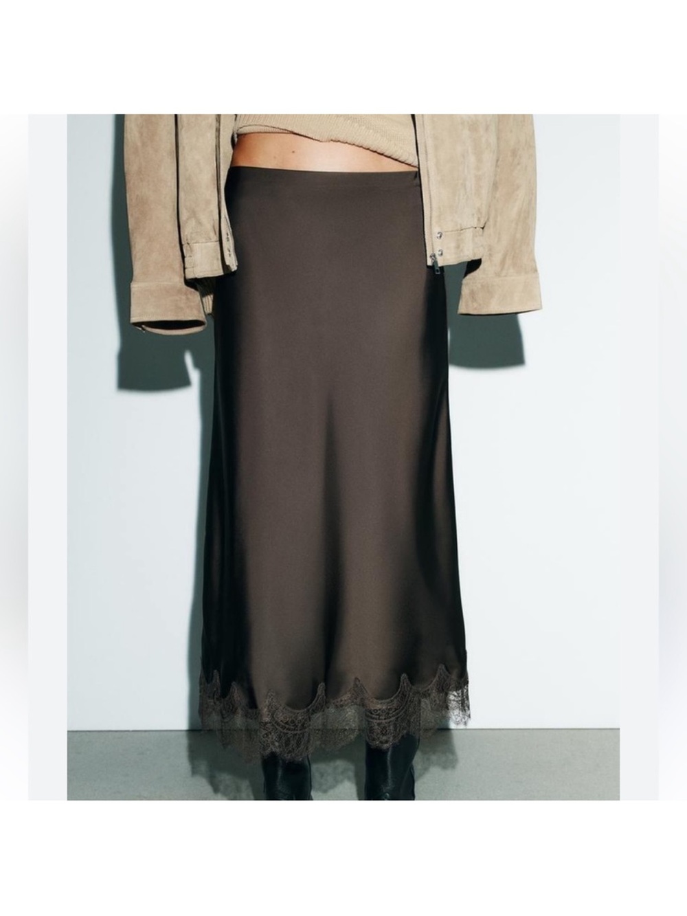 NWOT Zara Satin Effect Lace Midi Skirt
